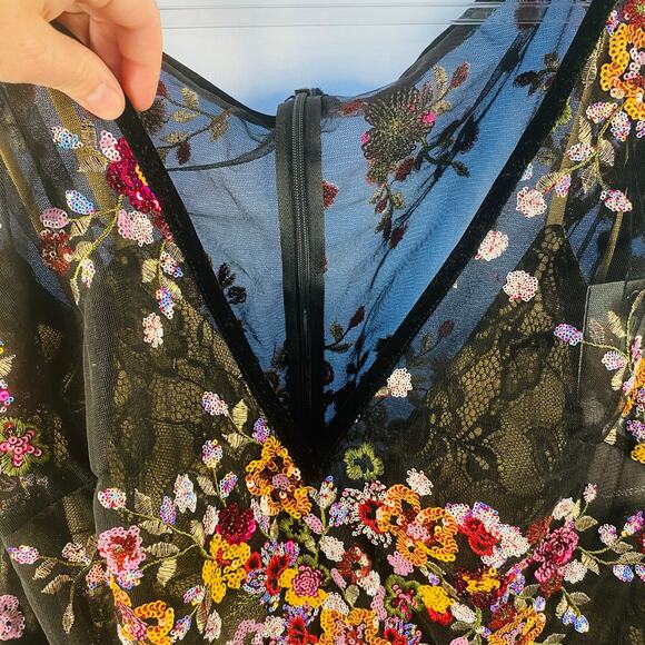 Mac Duggal Black Floral Embroidered Midi Tea Length Dress Sz 14 NWT Whimsigoth - Picture 4 of 10